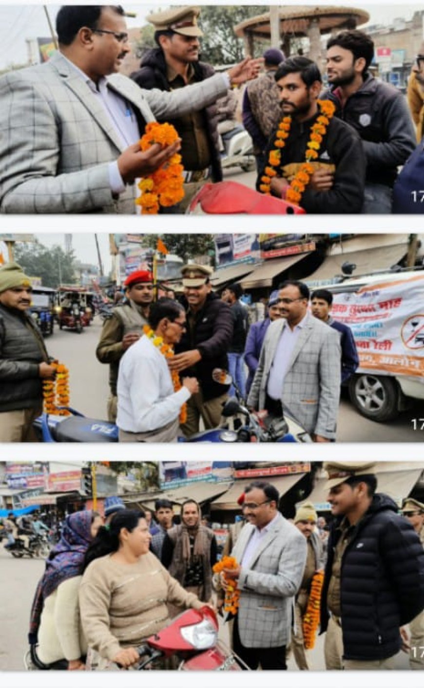 राष्ट्रीय सड़क सुरक्षा माह के अंतर्गत यातायात को जागरूकता किया गया हेलमेट न पहनने वालों के जोड़े हाथ, माला पहनाई,